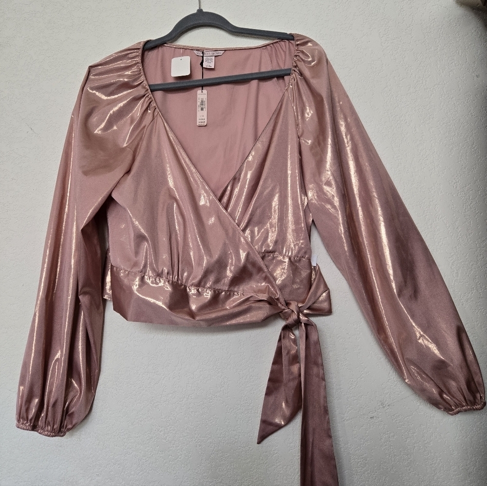 NWT, Victoria's Secret Shimmering Pink Wrap Blouse.Size L - Picture 2 of 9